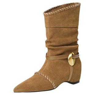 星期六废土风中筒靴女2025秋冬英伦褶皱尖头瘦瘦靴磨砂内增高靴子