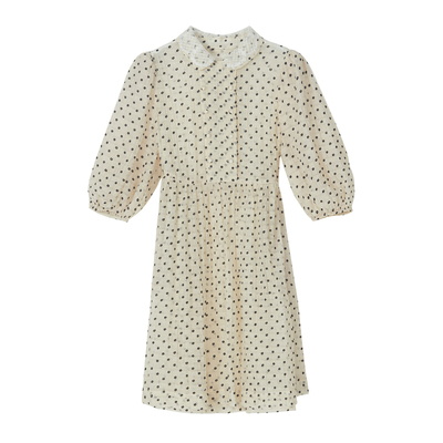 谜底天丝连衣裙植绒小花复古甜美温柔娃娃裙中长裙女装223ML1087