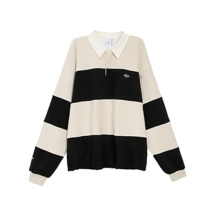 TurnSignal时尚翻领条纹拼接卫衣女加绒加厚冬休闲宽松套头polo领