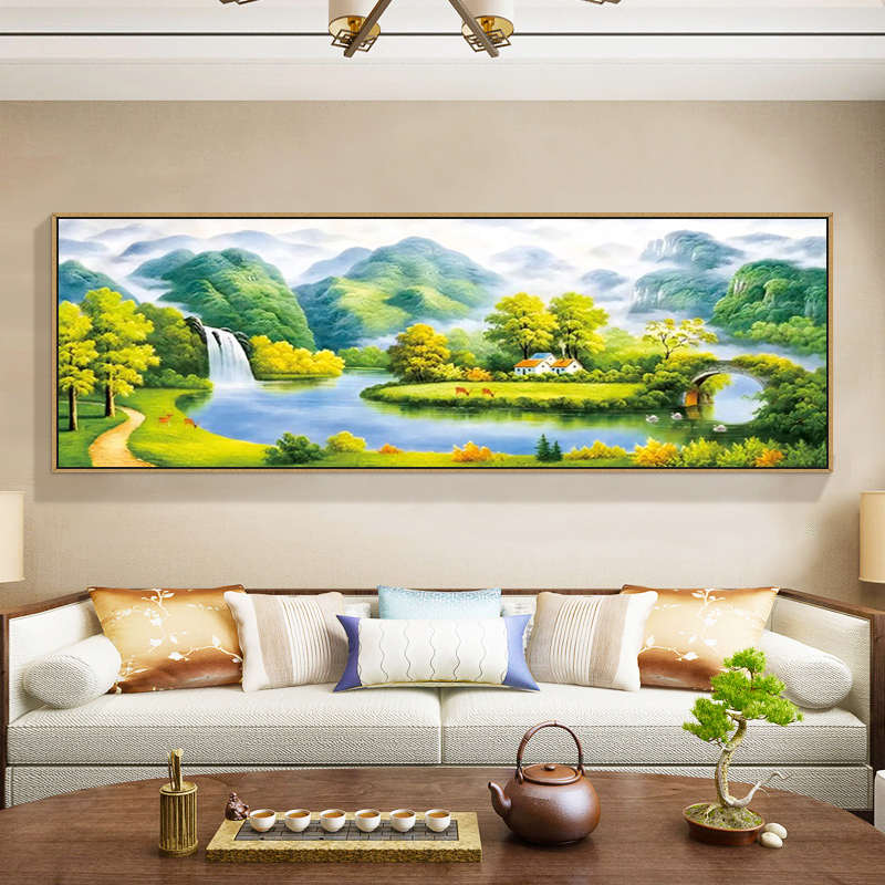 2025新款背有靠山钻石画满钻客厅现代清新流水生财风景点钻十字绣