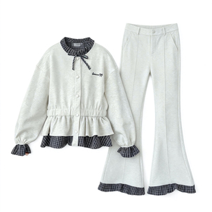 女童套装春款2026新款儿童秋装运动拼接格纹卫衣外套裤子两件套