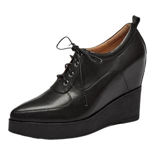 内增高坡跟系带深口高跟鞋女新款春季尖头休闲单鞋气质时尚小皮鞋