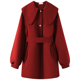 慕兔韩系娃娃领毛呢外套女2025新款冬季小个子中长款收腰呢子大衣