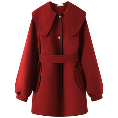 慕兔韩系娃娃领中长款毛呢外套