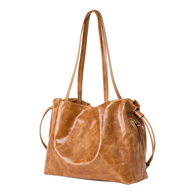 凯撒头层油蜡牛皮女士水桶包