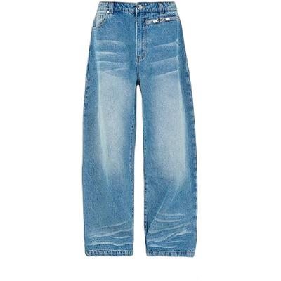 蓝色洗水双头拉链镂空胯部牛仔裤