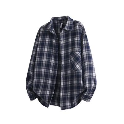 GLM日系撞色格纹翻领长袖衬衫男款秋季潮流宽松情侣休闲衬衣外套