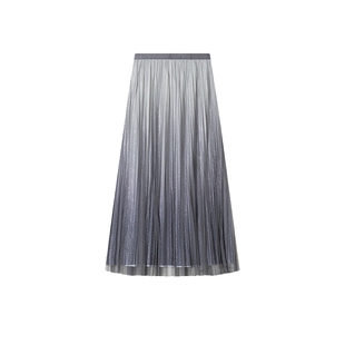 白鹿语渐变细闪百褶裙秋款浪漫高腰橡筋腰垂顺网纱裙长裙半身裙