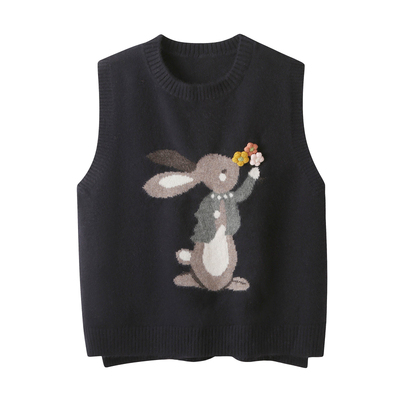 趣味卡通兔子针织毛衣马甲背心女秋冬宽松减龄叠穿坎肩超好看上衣