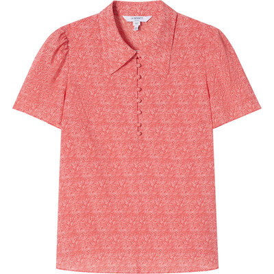 LK BENNETT珊瑚粉色印花上衣2025年夏新款翻领短袖法式优雅衬衫