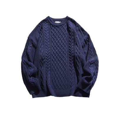 阿于呆宽松复古圆领麻花毛衣