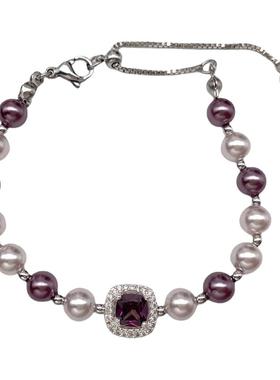 复古方形锆石珍珠手链轻奢小众百搭手串ins高级感时尚手饰批发女