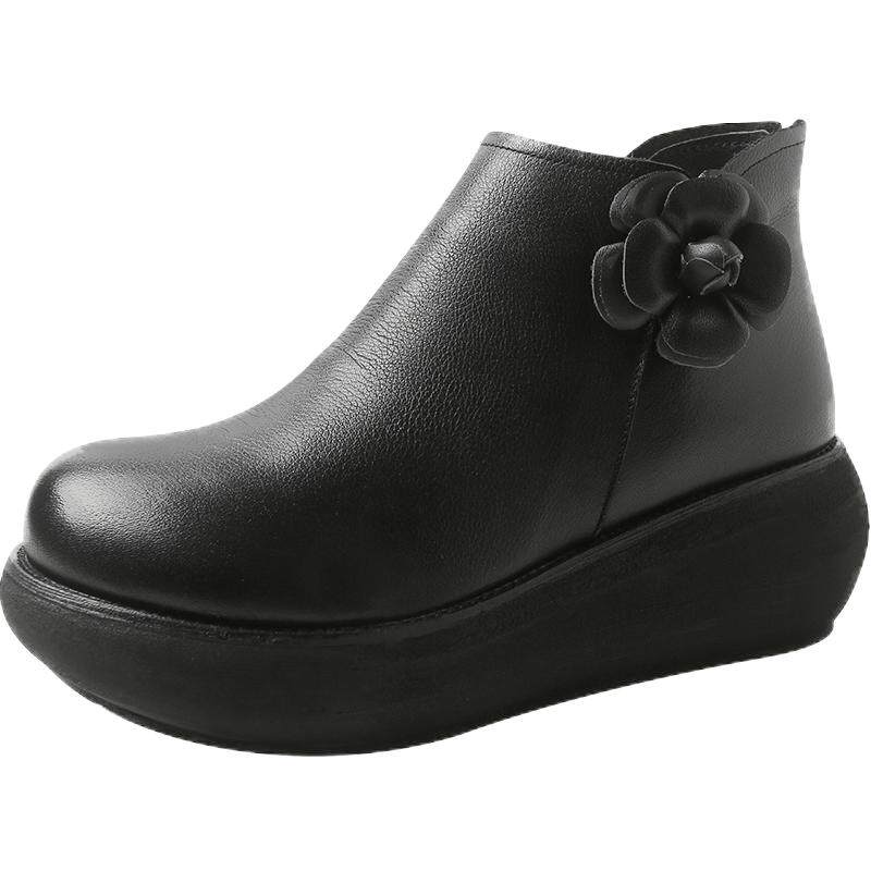 2025冬季新款时尚牛皮圆头特色短靴花朵休闲舒适厚底女鞋靴皮鞋