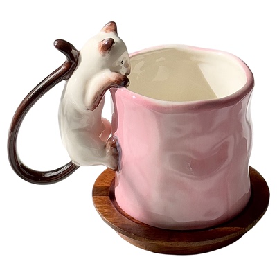 复古手作立体暹罗猫渐变粉马克杯