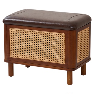 入户玄关实木换鞋凳门口软包穿鞋凳藤编储物长条凳一体可坐可收纳