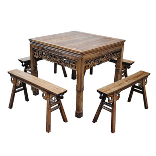 灵芝方桌配角花长条凳榫卯结构八仙桌餐桌椅五件套方桌长条凳