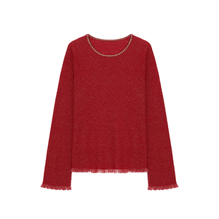 CONCISE-WHITE简白2025秋冬新品毛边圆领羊毛毛衣针织衫上衣女