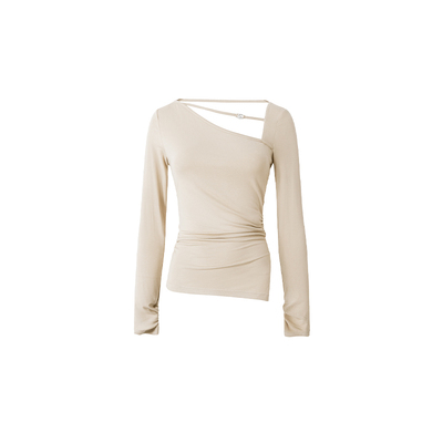 Uena不规则荡领后背镂空长袖T恤