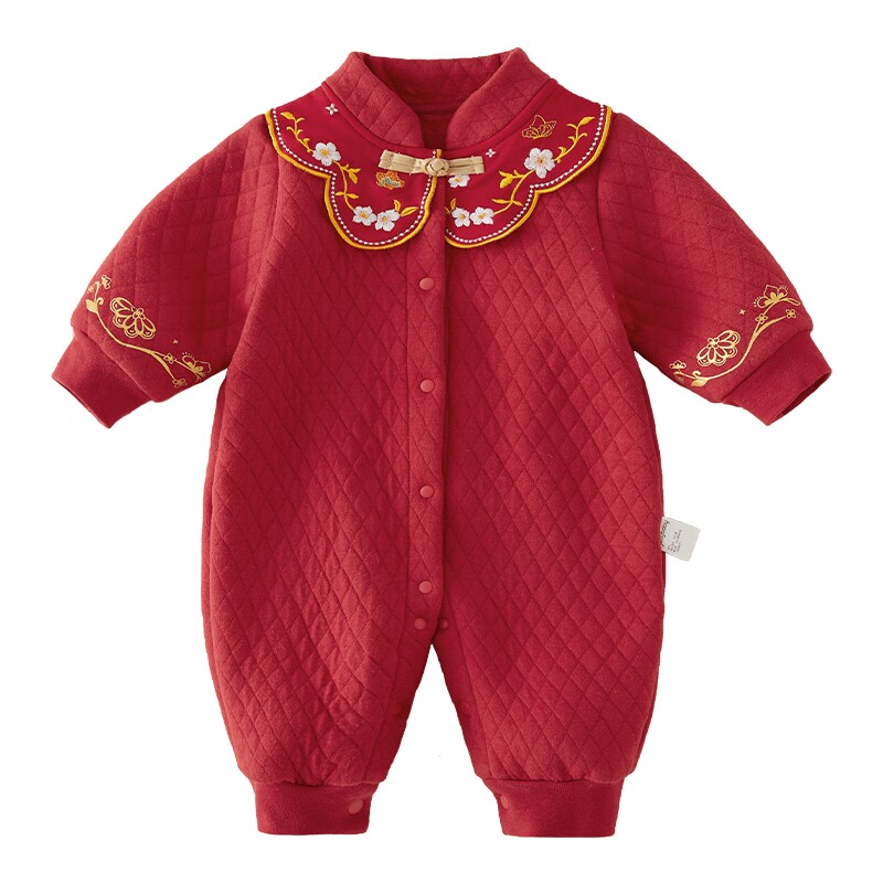 婴儿连体衣新生儿秋冬红色春秋夹棉哈衣幼童满月中式衣服宝宝春装