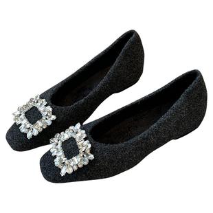 【TFM】内增高4CM~玛丽珍鞋女新款方头平底水钻方扣浅口加绒单鞋