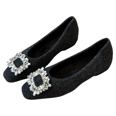 水钻方扣平底加绒单鞋冬季百搭