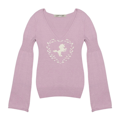 LARTIGENT 25冬 新款独角兽提花V领喇叭袖套头毛衣针织衫韩国代购