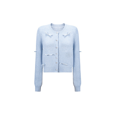 CHICHY蓝色小香风蝴蝶结针织开衫