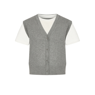 UR&DC2026春季新款气质撞色拼接假两件扣饰短袖针织衫女短款上衣