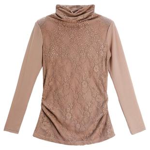 中老年妈妈网纱T恤女长袖春秋新款高领蕾丝上衣中长款加绒打底衫