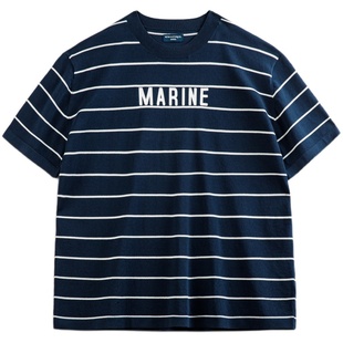 马登工装 美式复古撞色条纹短袖T恤字母印花半袖海魂衫体恤男夏季