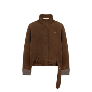 刘些宁同款 Kroche 焦糖绒冬 格纹拼接立领腰带毛呢短款外套