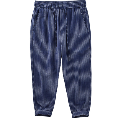 极麻松紧腰条纹直筒透气九分裤