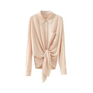 【到手179元】醋酸缎面衬衫翻领长袖衬衣小个子收腰宽松打结上衣