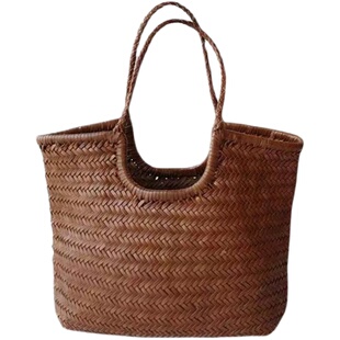 bounded法式复古头层牛皮真皮编织包手提包高级菜篮子托特包旅游