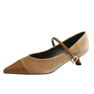 复古拼色绒面2023秋季新款尖头细跟一字带单鞋女中跟小香风高跟鞋