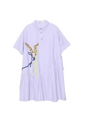 MOVEUP幻走2024夏季新款.FUN系列条纹彩色小鹿绣花设计师连衣裙