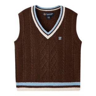 eland kids衣恋童装女童马甲春秋含绵羊毛英伦学院风V领针织背心
