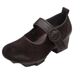 圆头粗跟单鞋2026春季新款手工真皮舒适中跟复古浅口一字扣带女鞋