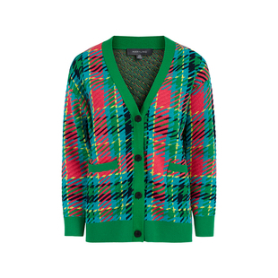 MARYLING玛俪琳春秋绿色多彩格纹V领羊毛针织开衫A1DAW08580