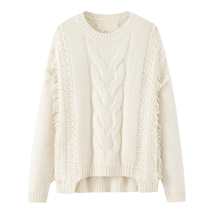 阿绒源100山羊绒手编网眼女套衫圆领粗针绞花针织衫白色休闲毛衣