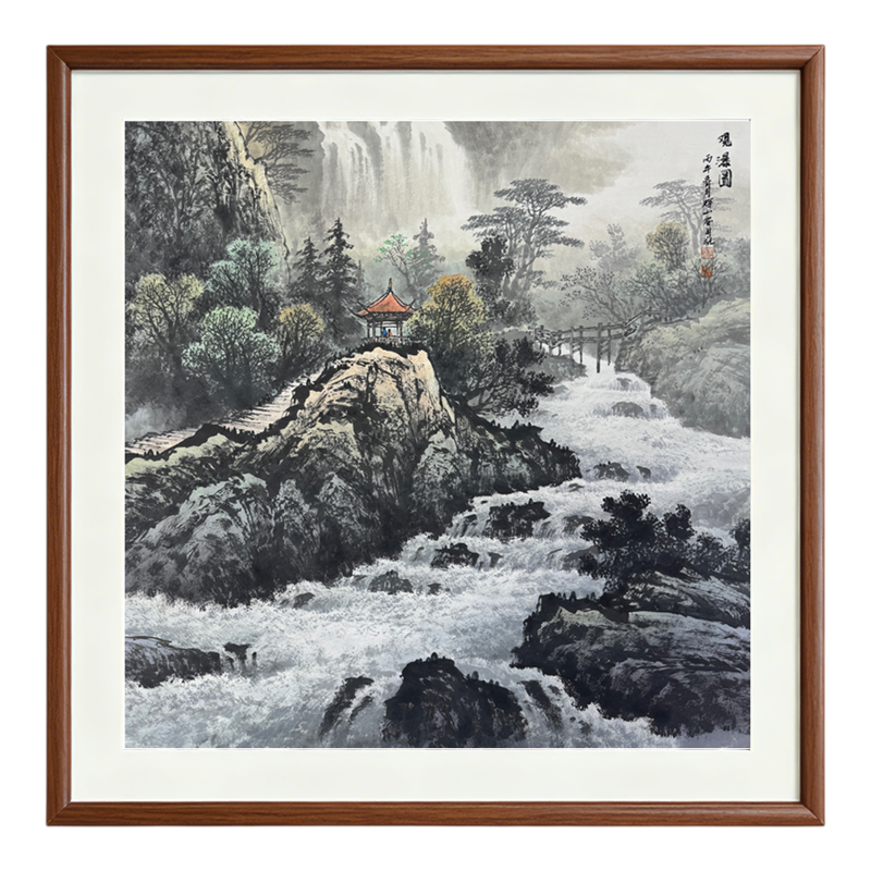 新中式宣纸山水画玄关装饰画方形