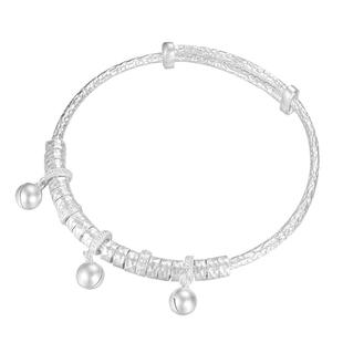 九乐足银999银手镯女锤纹盘缠万贯铃铛推拉银手镯国风手镯送女友