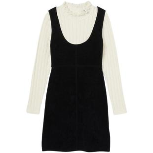 SANDRO Outlets秋冬女装法式时尚气质黑白撞色花边领长袖连衣裙