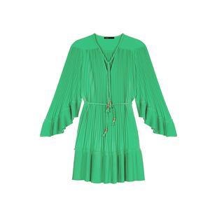 Maje2025春夏女装法式时尚绿色小V领荷叶边短款长袖百褶连衣裙
