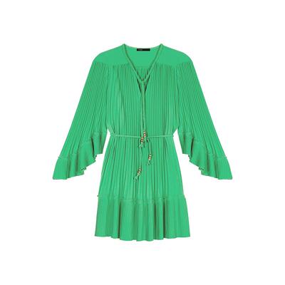 Maje多巴胺绿V领短款百褶连衣裙