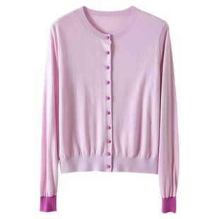 巨好看~早春穿搭紫色针织开衫女修身撞色针织开衫薄款小外套上衣