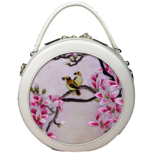 真皮手工苏绣手提小圆包 复古单肩斜跨牛皮旗袍包包女 愿为莲原创