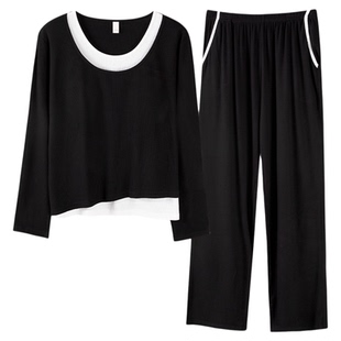 芬腾可安棉绸睡衣女款2026新款秋春季防凸点带胸垫纯黑家居服秋冬