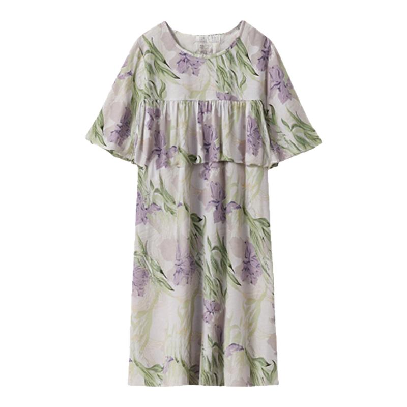 顶呱呱短袖睡裙女夏季纯棉荷叶边防凸点走光彩棉外穿家居服睡衣薄