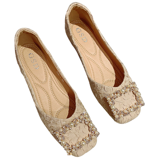 韩版方头单鞋2026春季新款女鞋百搭浅口平底鞋方扣珍珠软底豆豆鞋